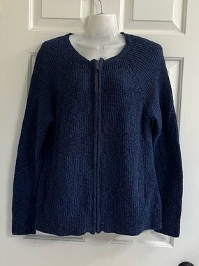 L.L. Bean 100% Cotton Navy Blue Zip Front Women's Cardigan Sweater